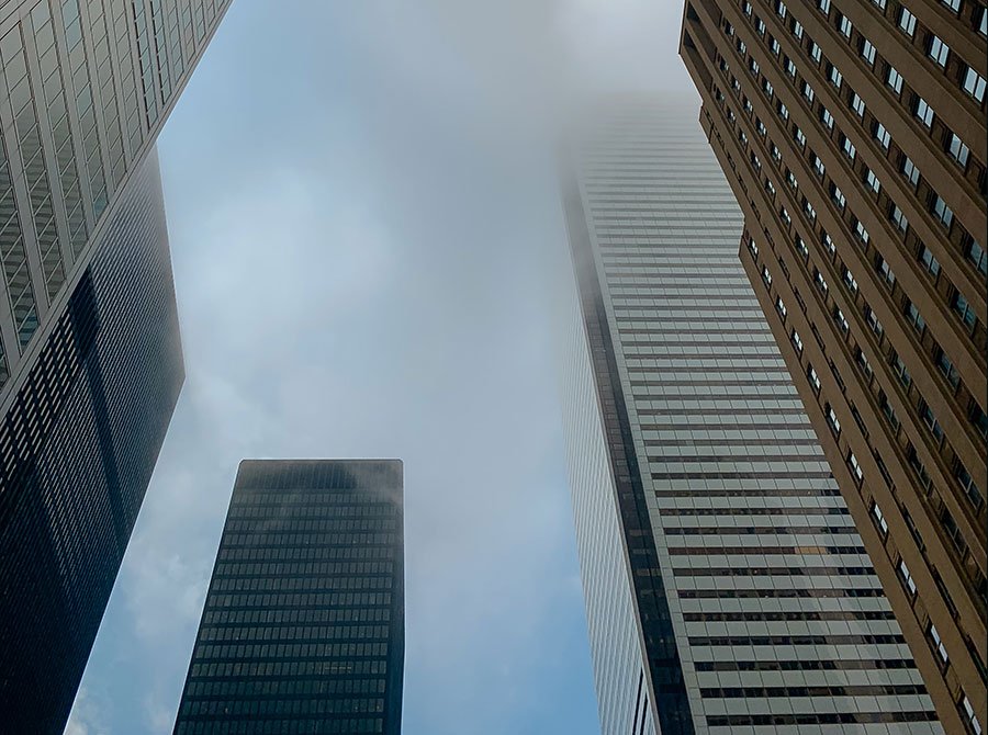 Commercial skyscraper investment properties in a major metropolitan area.